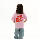 BO RAE How Lucky Are We oversized kids T-shirt in pink, back view featuring large red graphic print