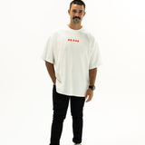 Front view of BO RAE How Lucky Are We oversized unisex adult T-shirt in white with Red chest logo
