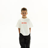 BO RAE How Lucky Are We oversized kids T-shirt in white, front view with red chest logo.