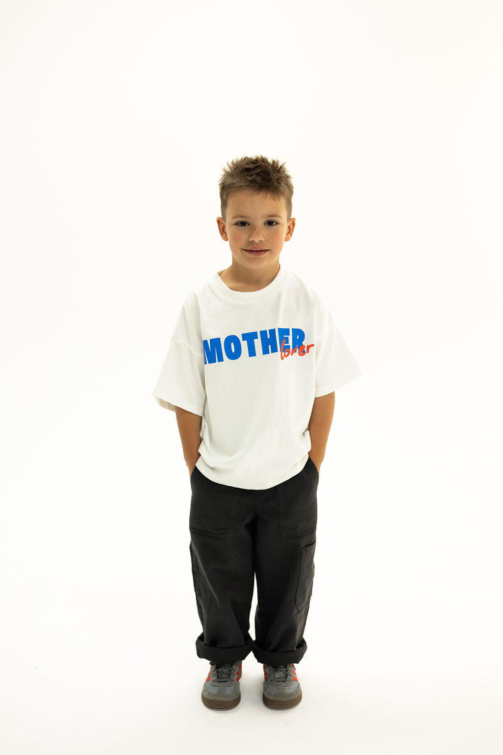 BO RAE How Lucky Are We oversized kids T-shirt in white, front view with blue chest logo