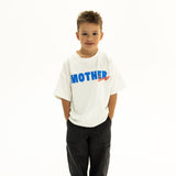 BO RAE How Lucky Are We oversized kids T-shirt in white, front view with blue chest logo