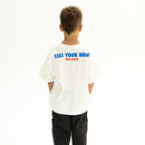 BO RAE How Lucky Are We oversized kids T-shirt in white, back view featuring large blue and red graphic print