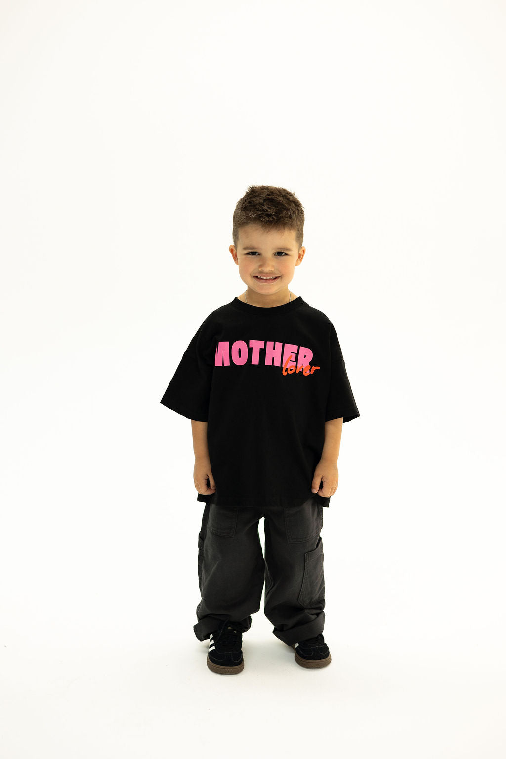 BO RAE Mother Lover oversized kids T-shirt in black, front view with pink chest graphic