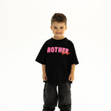 BO RAE Mother Lover oversized kids T-shirt in black, front view with pink chest graphic