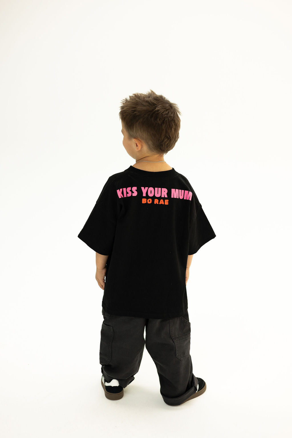 BO RAE Mother Lover oversized kids T-shirt in black, back view.