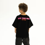 BO RAE Mother Lover oversized kids T-shirt in black, back view.