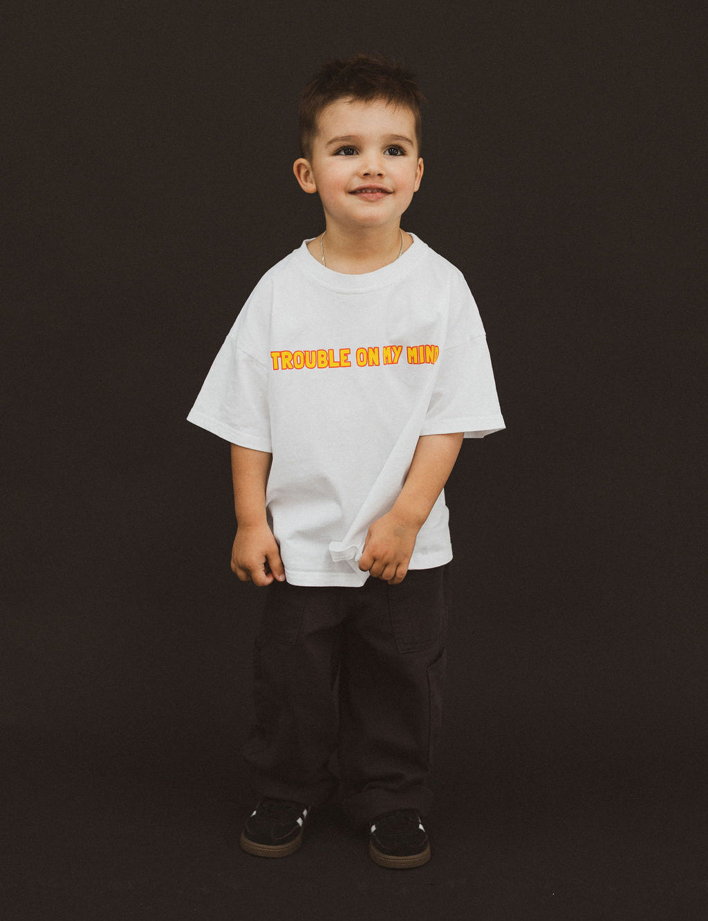 BO RAE Trouble On My Mind oversized kids T-shirt in white, front view with red and yellow chest graphic