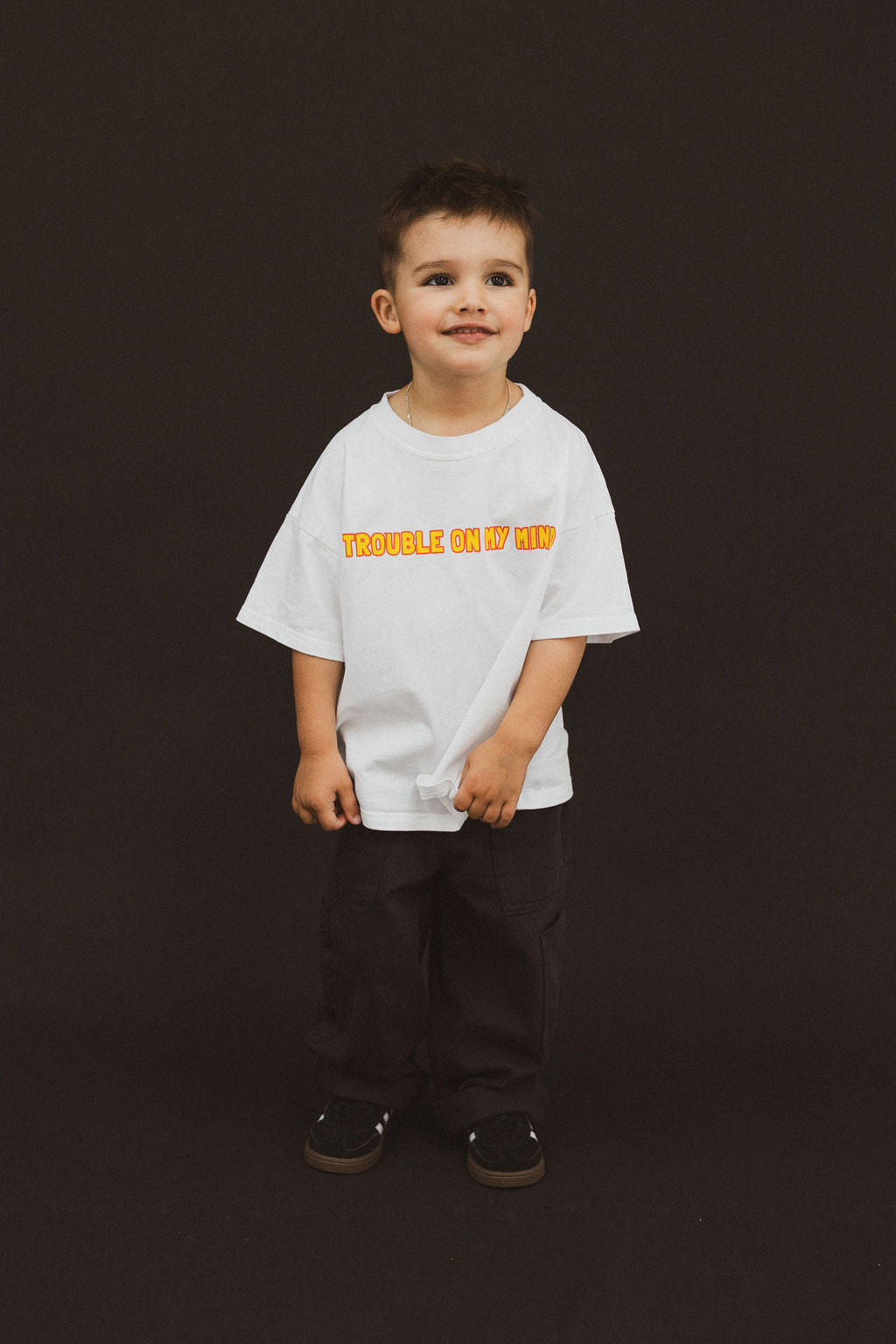 BO RAE Trouble On My Mind oversized kids T-shirt in white, front view with red and yellow chest graphic