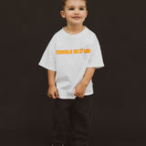 BO RAE Trouble On My Mind oversized kids T-shirt in white, front view with red and yellow chest graphic