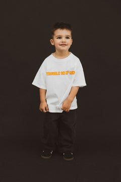 BO RAE Trouble On My Mind oversized kids T-shirt in white, front view with red and yellow chest graphic