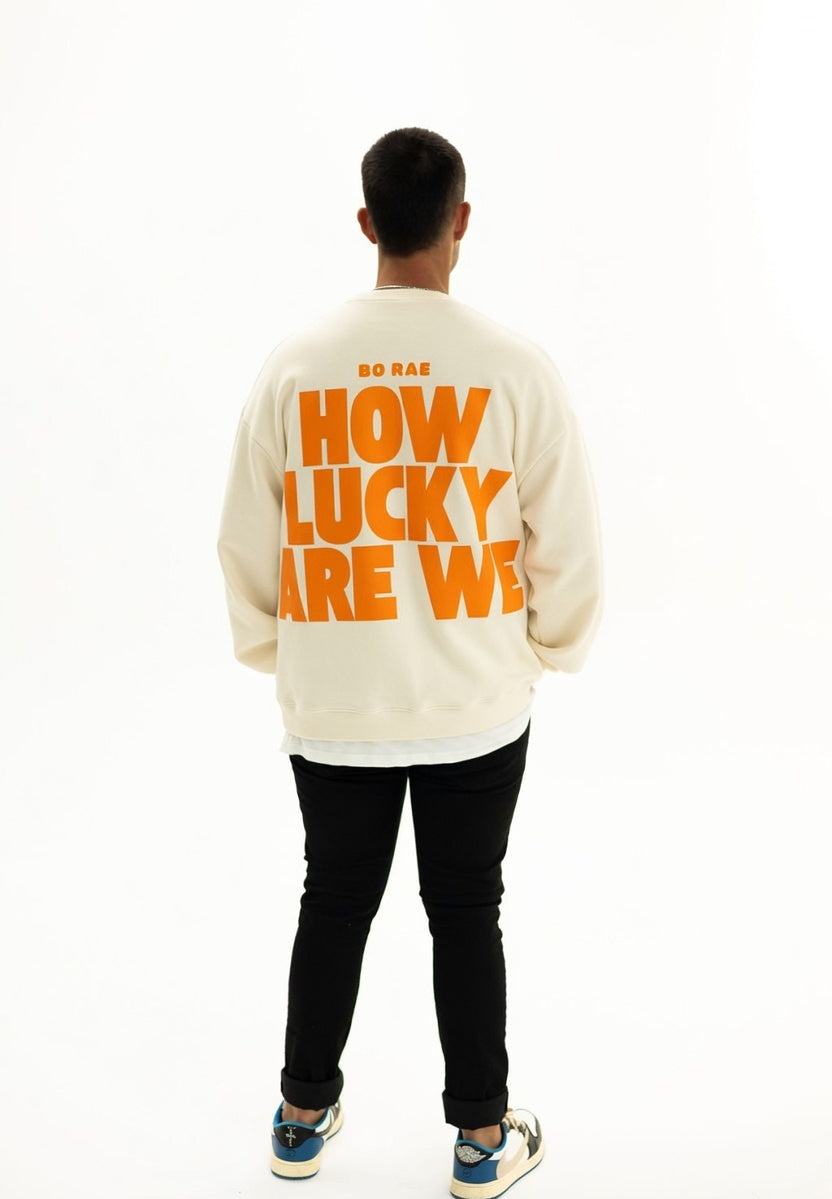Back view of BO RAE How Lucky Are We oversized unisex adult jumper in Beige featuring large orange graphic print